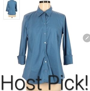 OLD NAVY MATERNITY Stretch Blouse Top Blue Button Up Collared Roll Sleeves EUC